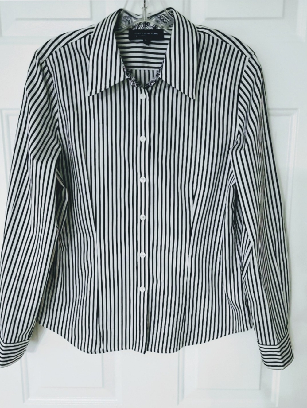 Jones New York Black and White  Striped Button-Down Shirt with Paisley Collar